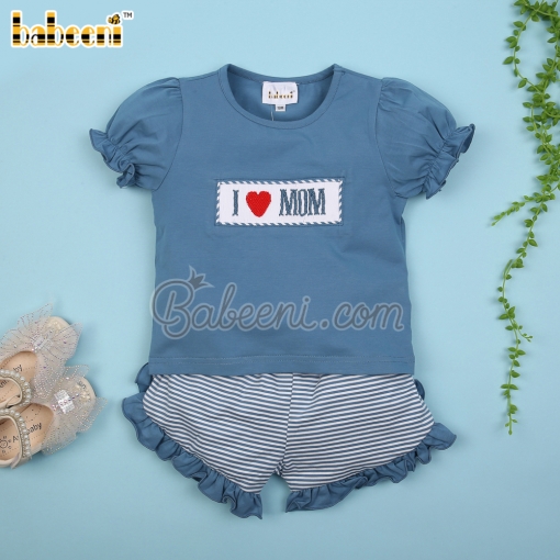 I love Mom hand smocked girl set clothing – BB3049A